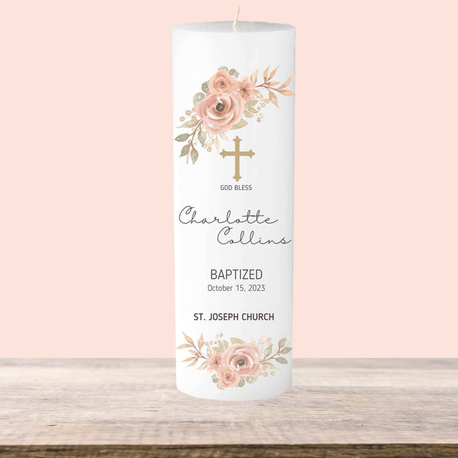 Delicate Peach Floral Personalized Baptism Candle with Baby's Name & Date Custom Peach Blossom Christening pillar Candle