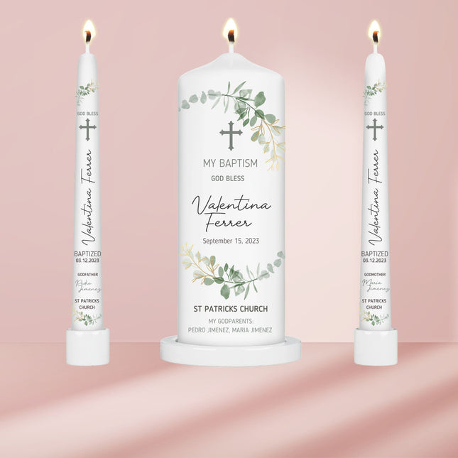 Baptism Greenery Crest Candle Set withTaper candles Personalized Simple and Elegant Christening Candle Set