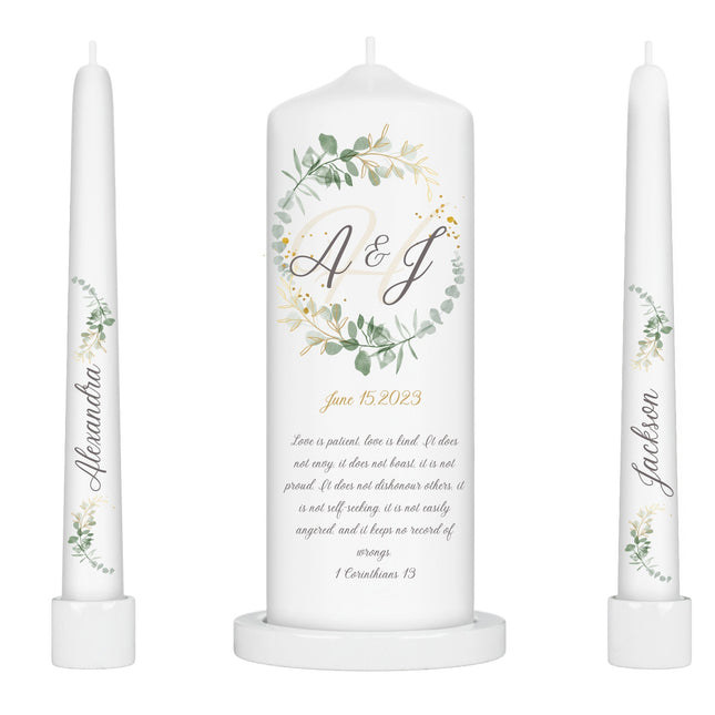 Botanical unity candle set for outdoor weddings Whimsical garden unity candle collection Elegant garden unity candle ceremony set