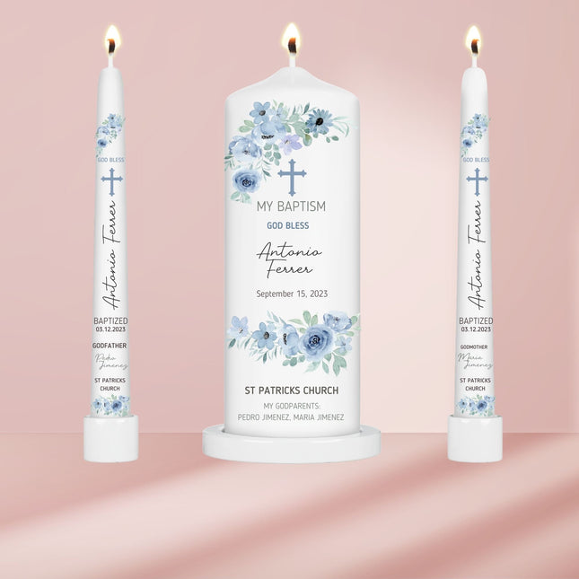 Blue Flowers Baptism Candle Set with taper candles personalized with your children’s name Christening keepsake Candle Set