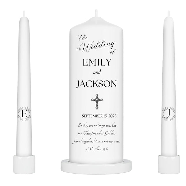 New Simple Personalized Wedding Candle  set Elegant Black and White Unity Candles Monogram Custom Wedding Candle Set with Bible Verse