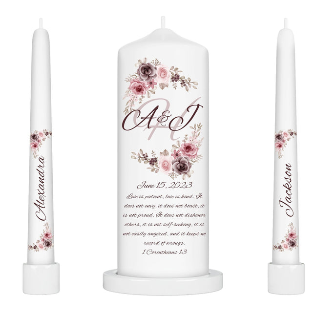 Elegant pink floral wedding candle ensemble Blooming love wedding candle collection Fairy-tale floral unity candle trio Wedding favors
