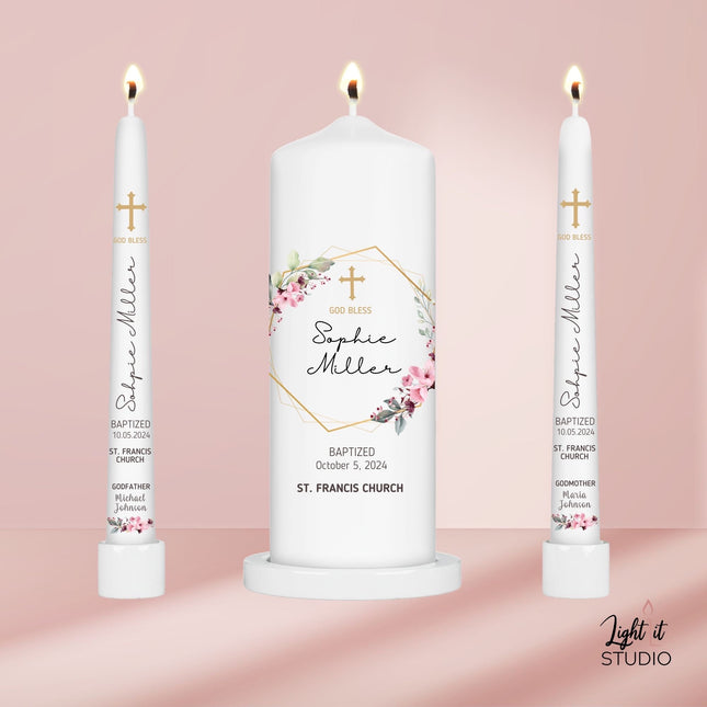 Baptism Girl Floral Pink Candle Set Velas de Bautizo de niña personalizada, Custom Christening candles gift favors