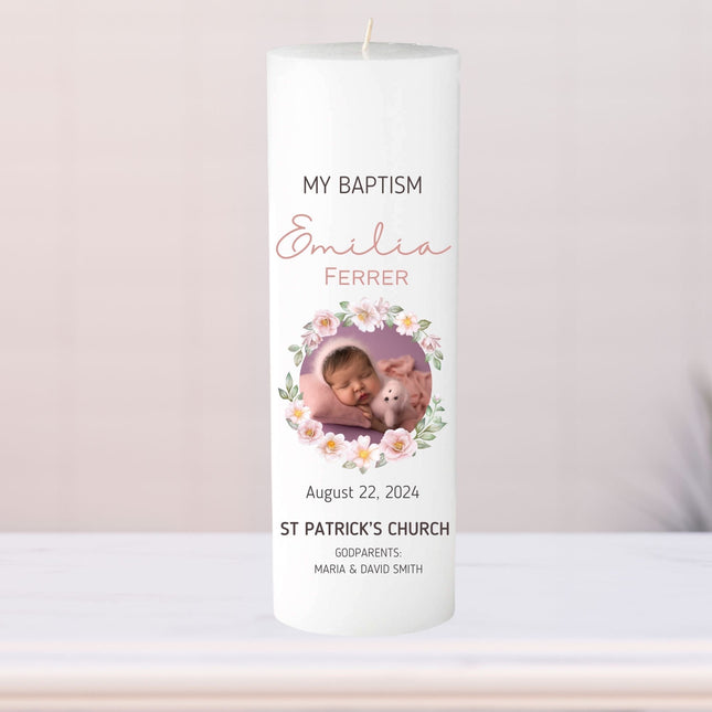 Baptism Girl Photo Pillar Candle Pink Floral wreath with picture, Keepsake christening ceremony candle, Baptism favor for Godparents