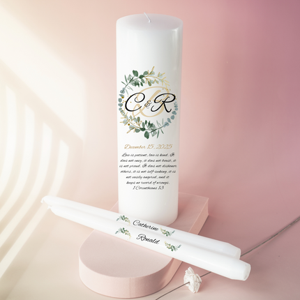Wedding Monogram Initials Greenery Wreath Crest Zinnia Unity Candles
