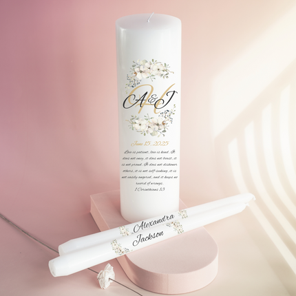 White Floral Monogrammed Unity Candles Love is Patient Bible Verse