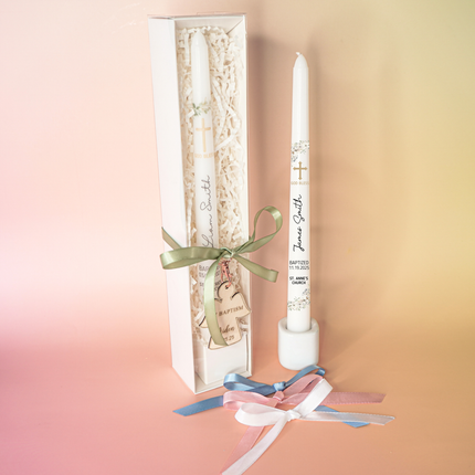 White Floral Christening Jasmine Taper Candle