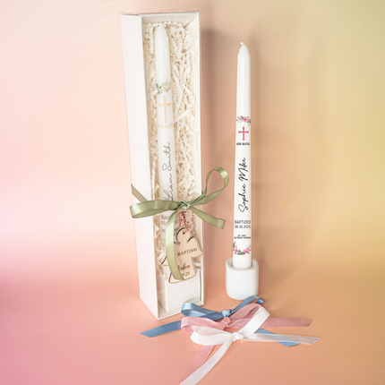 Baptism Pink Lily Wreath Floral Custom Taper Candle