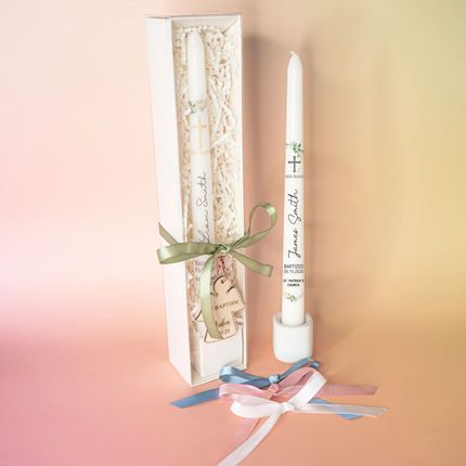 Personalized Greenery baptism taper candle christening gift