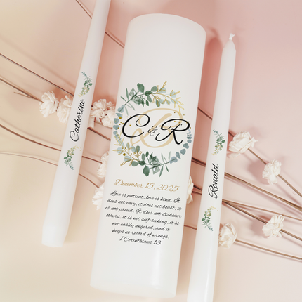 Wedding Monogram Initials Greenery Wreath Crest Zinnia Unity Candles