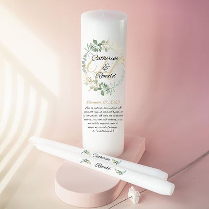 Elegant greenery wreath monogram wedding unity candle set