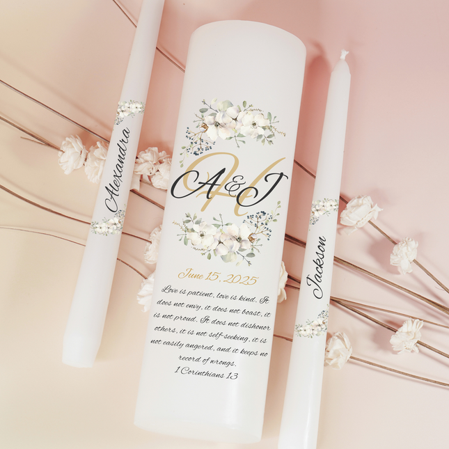 White Floral Monogrammed Unity Candles Love is Patient Bible Verse
