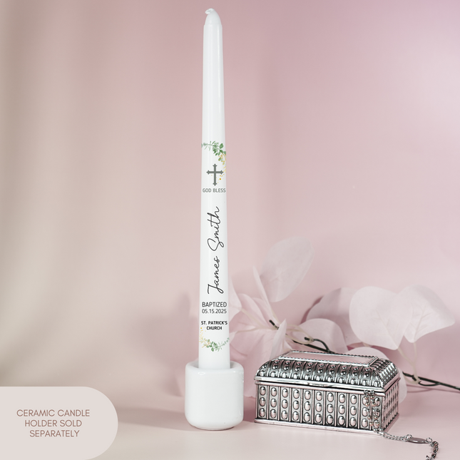 Personalized Greenery baptism taper candle christening gift