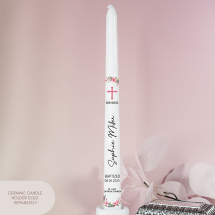 Baptism Pink Lily Wreath Floral Custom Taper Candle