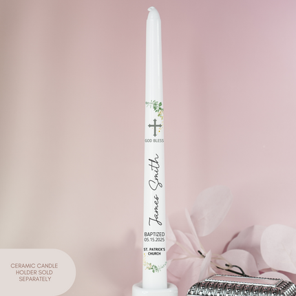 Personalized Greenery baptism taper candle christening gift
