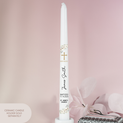 White Floral Christening Jasmine Taper Candle