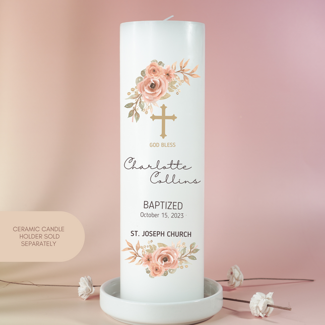 Delicate Peach Floral Personalized Baptism Candle with Baby's Name & Date Custom Peach Blossom Christening pillar Candle