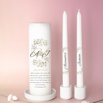 White Floral Monogrammed Unity Candles Love is Patient Bible Verse
