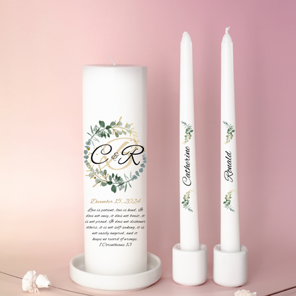 Wedding Monogram Initials Greenery Wreath Crest Zinnia Unity Candles