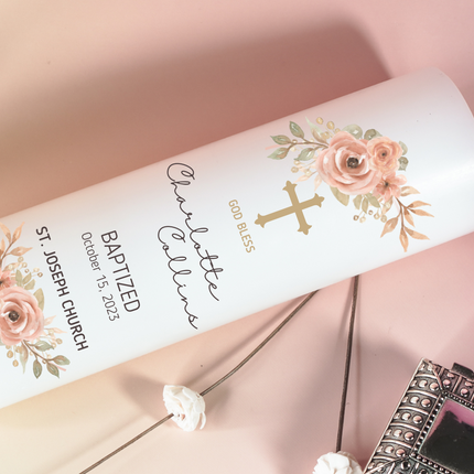 Delicate Peach Floral Personalized Baptism Candle with Baby's Name & Date Custom Peach Blossom Christening pillar Candle