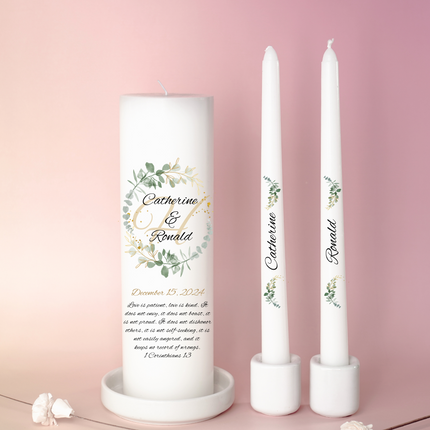 Elegant greenery wreath monogram wedding unity candle set