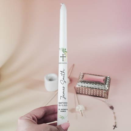 Personalized Greenery baptism taper candle christening gift