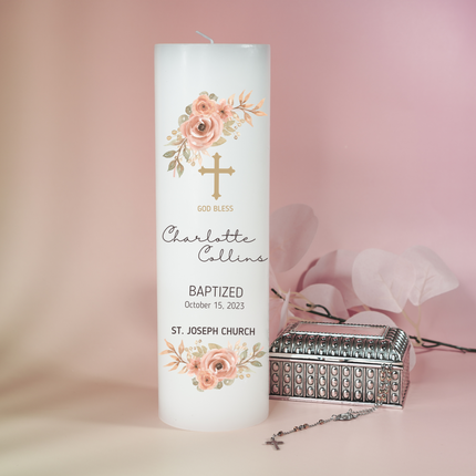 Delicate Peach Floral Personalized Baptism Candle with Baby's Name & Date Custom Peach Blossom Christening pillar Candle