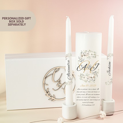 White Floral Monogrammed Unity Candles Love is Patient Bible Verse