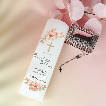 Delicate Peach Floral Personalized Baptism Candle with Baby's Name & Date Custom Peach Blossom Christening pillar Candle
