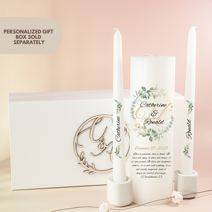 Elegant greenery wreath monogram wedding unity candle set
