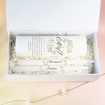 White Floral Monogrammed Unity Candles Love is Patient Bible Verse