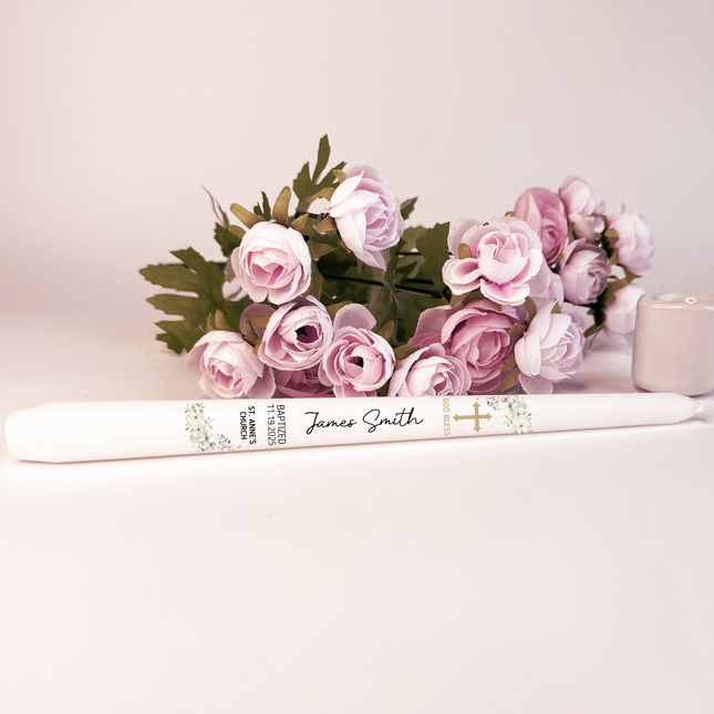 White Floral Christening Jasmine Taper Candle