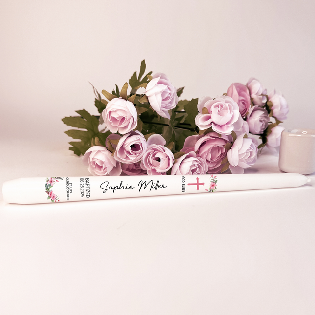Baptism Pink Lily Wreath Floral Custom Taper Candle