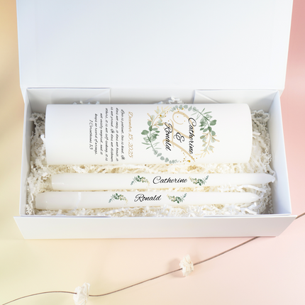 Elegant greenery wreath monogram wedding unity candle set