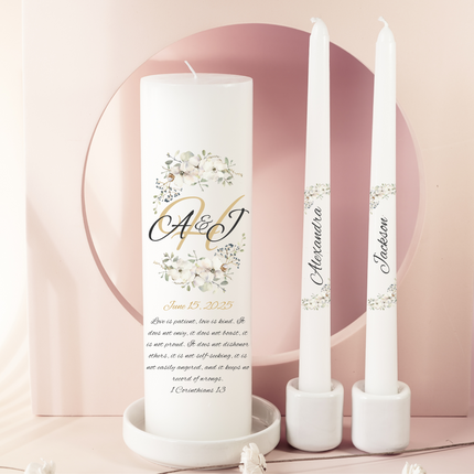 White Floral Monogrammed Unity Candles Love is Patient Bible Verse