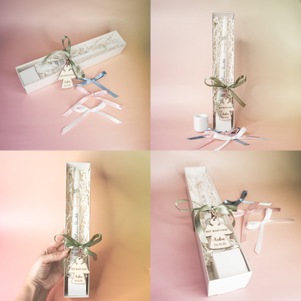 Personalized Greenery baptism taper candle christening gift