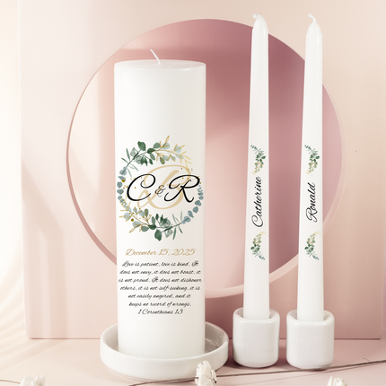 Wedding Monogram Initials Greenery Wreath Crest Zinnia Unity Candles