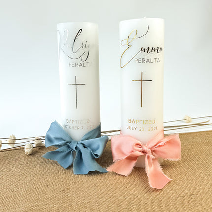 Personalized Baptism Foil lettering Pillar candle with Ribbon Bow  for Christening
