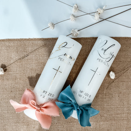 Personalized Baptism Foil lettering Pillar candle with Ribbon Bow  for Christening