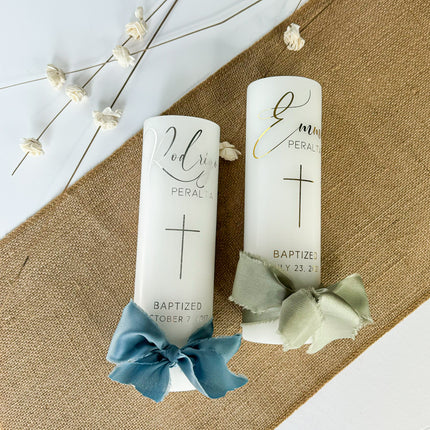 Personalized Baptism Foil lettering Pillar candle with Ribbon Bow  for Christening