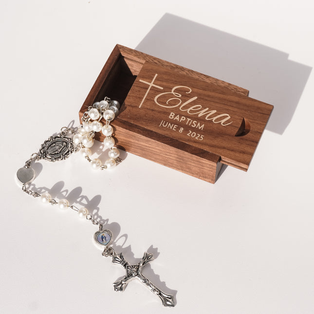 Personalized Rosary Box Custom Box in Maple or Walnut Wood for Baptism or Communion Gift